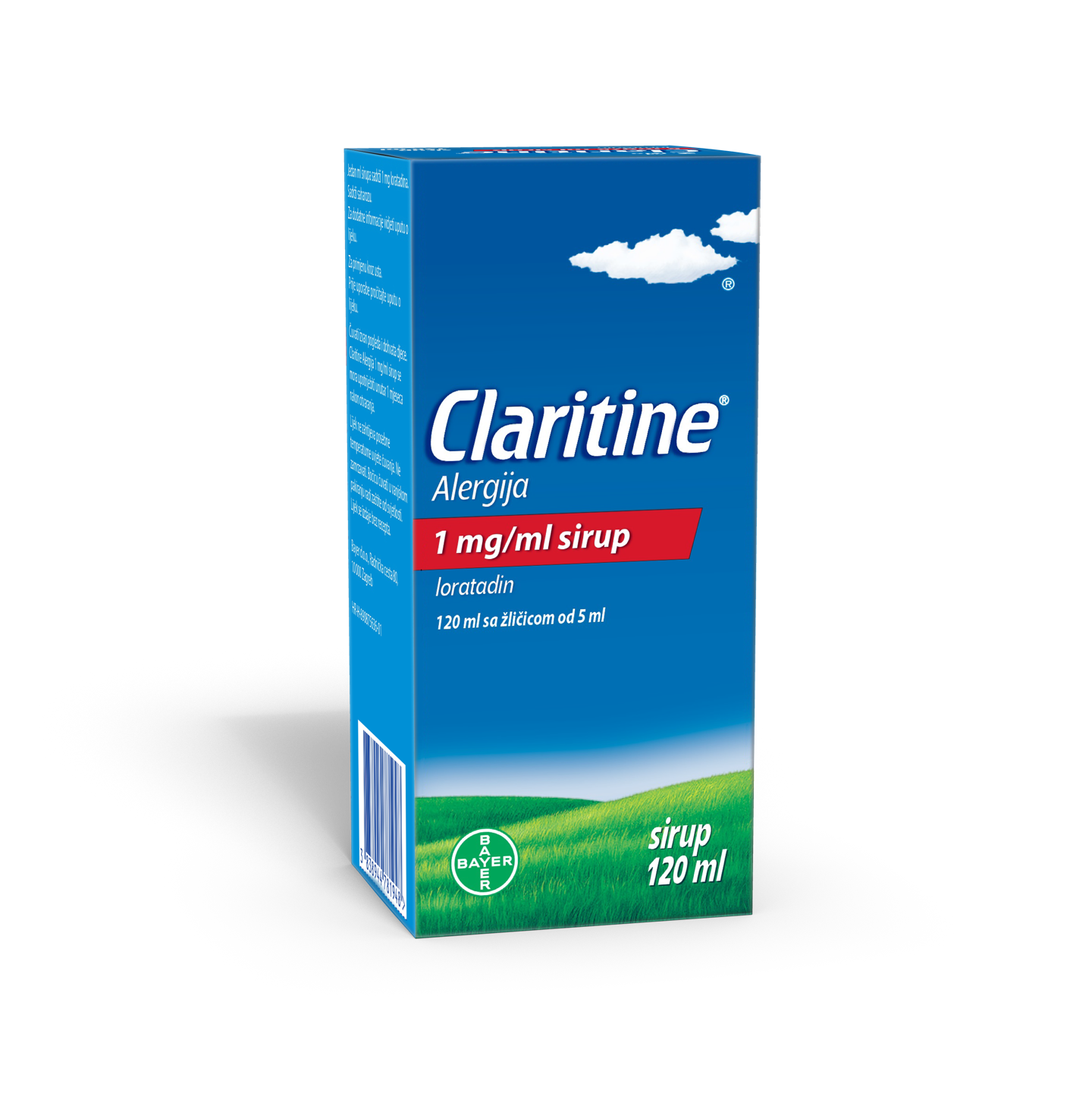 prednji plan kutije sirupa za djecu Claritine® Alergija s okusom breskve koji djeluje 24 sata